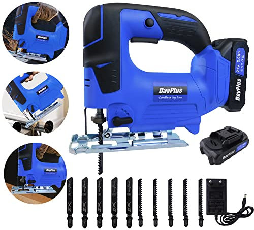 Yiyai 21V Cordless Jigsaw Tool with 4-Position Orbital Action, 45° Bevel Cutting, 10pcs Blades & Lock-On Switch, 2.0 Ah Battery & Charger, Ideal for Wood, Metal & Plastic