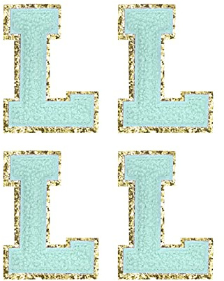 sourcing map 4 Stück Buchstaben zum Aufbügeln, Selbstklebende Chenille Buchstaben L mit Gold Rand, Gestickter Patch zum Aufbügeln für Kleidung, Tasche, Stoffe, Handyhülle(Blau)