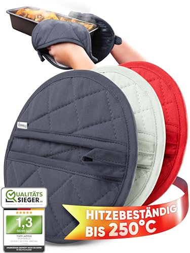 Topflappen Set mit Greif-Taschen | 2in1 platzsparend | Extrem hitzebeständig bis 250 °C | Hochwertige & weiche Baumwolle | Ofenhandschuhe & Topfuntersetzer Grau