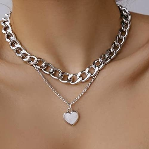 Inateannal Punk Layered Chunky Chain Necklaces Silver Cuban Link Necklace Chain Heart Opal Pendant Necklace Cuban Thick Flat Link Chain Choker Jewelry for Women and Girls