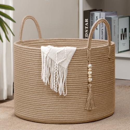 Goodpick Großer Wäschekorb aus Weidengeflecht, Jute, geflochten, für Kleidung, Schuhe, Handtücher, dekorativer Aufbewahrungskorb im Wohnzimmer, Badezimmer, runder Spielzeugkorb, 45x32 cm
