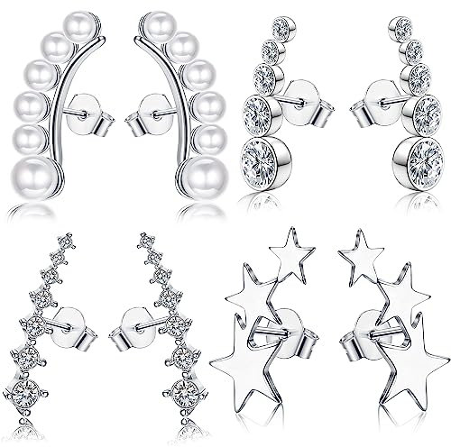 JeweBella Ohrstecker Silber 925 Damen Perlen Ohrklemme Kristall Zirkonia Stern Ohrringe Silber Hypoallergen Knorpel Crawler Ohrstecker Set für Damen Mädchen