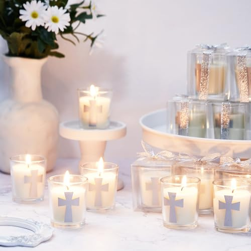 Hushee 24 Sets Baptism Favors Cross Candle First Communion Cross Candles Silver Baptism Candle Set with Box for Wedding Baby Shower Favors Religious Holy Communion Birthday Christening Gifts