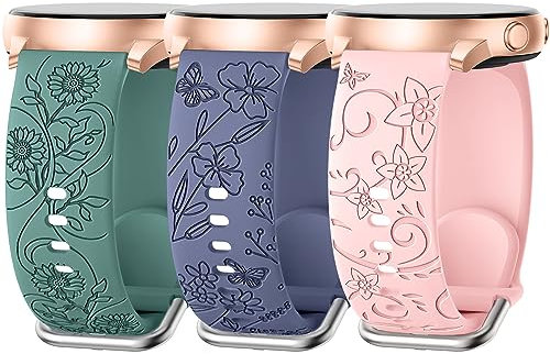 AMSKY 3 Stück Floral Gravierte Armband Kompatibel mit Samsung Galaxy Watch 7/6/5/4 40mm 44mm, Watch 6/4 Classic 43mm 47mm 42mm 46mm, 5 Pro 45mm, 3 41mm, FE 40mm, 20mm Silikon Armbänder für Damen