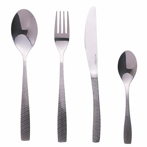 Galileo Set 24 posate in acciaio inox silver lucido, impugnatura martellata, Harlem Sibilla