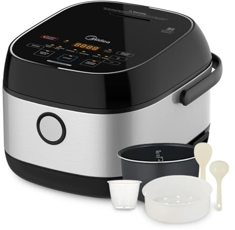 Midea 3L Rice Cooker with Steamer Basket, 6-Cup Uncooked Capacity, Induction Heating & Fuzzy Logic Technology, 24h Delay Start & Keep Warm, Non-Stick Inner Pot