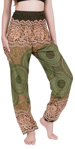 CHAINUPON Haremshose für Damen, fließende Hose, Yoga, Boho, Hippie-Kleidung, Mandala Olivgrün, 16-22 Plus