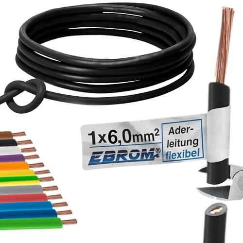 EBROM - 30 Meter Aderleitung mehrdrähtig - Einzelader - Verdrahtungsleitung flexibel - PVC Leitung - H07V-K 6mm2 | 6 mm² | 6 mm2 - Farbe: schwarz - Vollkupfer 99,9% OFC Kupfer - Länge: 30 Meter