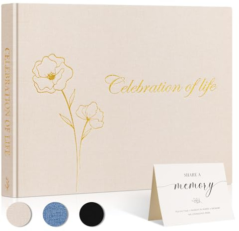 Lanpn Funeral Guest Book for Celebration of Life, Linen Memorial Service Registry Guest Book, Funeral Favors Sign in Books for Guests, Memory Book for Funeral with Memory Table Sign, Beige