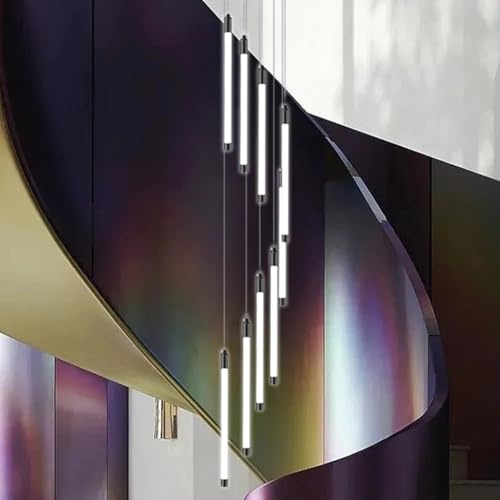 Stesulfr Kronleuchter Modern LED Treppenhaus 9 Lichter Lange Foyer Hängelampe für hohe Decken Schwarze lineare Pendelleuchte mit Fernbedienung Dimmbare hohe Deckenbeleuchtung für Treppen Wohnzimmer Ei