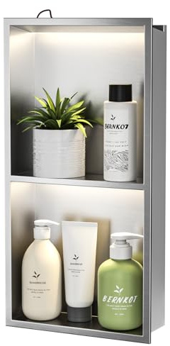 Bernkot Nicho de Pared de Acero Inoxidable con LED, Empotrado, Estante de Ducha de Dos Capas, nicho de Pared para baño, nicho de Ducha, 60 cm x 30 cm, no Requiere Azulejos, Color Plateado