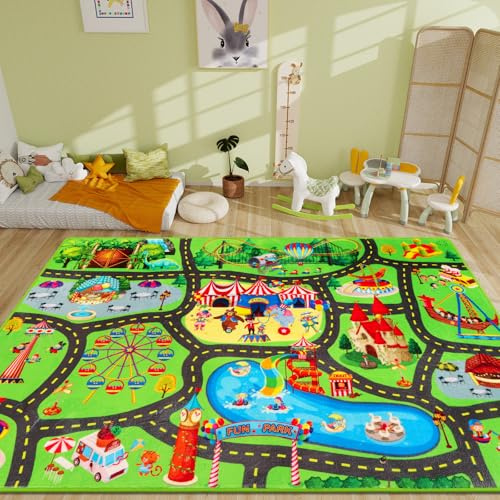 AKUNRUG Barnmatta, lekmattan för leksaksbilar, 150×100 CM rolig parkbilsmatta för lekrum, barnvägmatta, trafikvägmatta, lekplatsmatta, lekmattan, halksäker, tvättbar barnmatta för barn, pojkrum