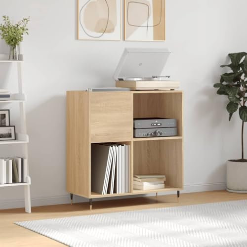 Iiaky 831767 Mobile Porta Dischi Rovere Sonoma 84,5x38x89 Legno Multistrato Supporto per Giradischi,Supporto per Giradischi in Legno,Supporto per Giradischi con Spazio di archiviazione
