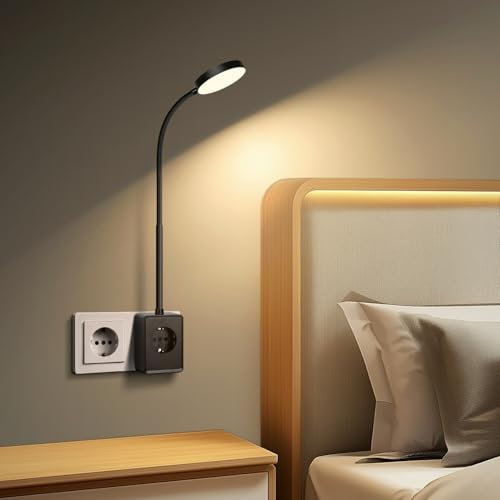 Aigostar Lampada da Lettura LED con Spina e Presa di Corrente， Porte USB e Tipo C， Luce da Parete con Controllo Tattile， 3 Colori di Luce， Dimmabile， Nera