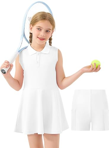 GroYolan Vestito da Tennis per Bambina con Pantaloncini Abito Ragazze Sportivo Senza Maniche Polo Golf Dress con 2 Tasche 5-15 Anni