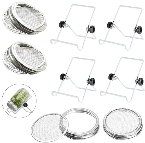 Sprouting Lids Growing Kit - 316 Stainless Steel Sprouting Lids for 86mm Wide Mouth Mason Jar with Adjustable White Stands - Organic Sprouts, Broccoli, Alfalfa Mung Bean Sprout Kit (Set of 4)
