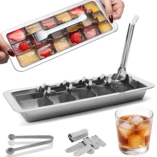 GHAHILI Stainless Steel Ice Cube Trays, Metal Ice Cube Trays for Freezer Vintage Inspired Design with Release Lever Remove Handle for Making Large Cubes Kitchen & Bar (1pcs+Tweezers & Finger Gloves)