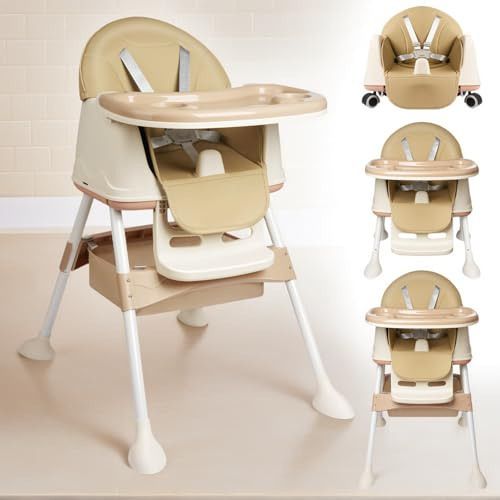Alpstorm 4-in-1 Klappbarer Babyhochstuhl mit Wachstumsfunktion - Multifunktionaler Kinderessstuhl mit verstellbarer Höhe, abnehmbarem Tablett, 5-Punkt-Sicherheitsgurt & Rollen - Beige
