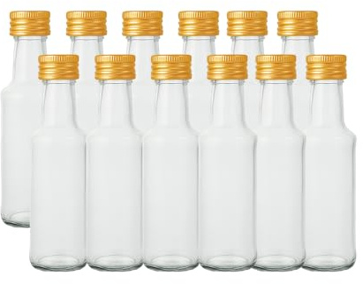Vitrea 12 leere Glasflaschen 200ml MON-P Schraubverschluss Gold - Flaschen zum Befüllen mit Deckel - für Saft, Getränke, Likör, Öl, Saucen (Gold, 200 ml MON PP28)