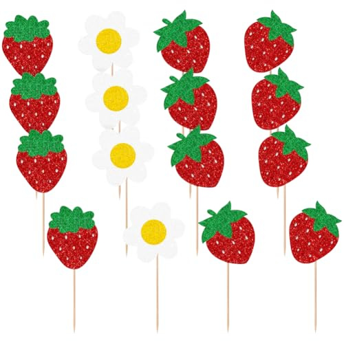 JIHUOO Lot de 24 décorations de cupcakes en forme de fraise à paillettes pour cupcakes et cupcakes - Décoration de gâteau d'anniversaire - Pour fête prénatale