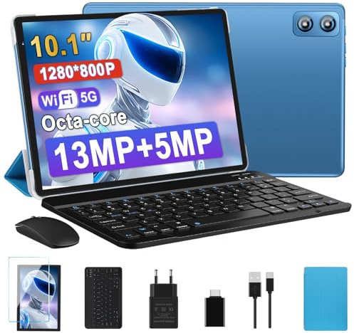 Biegedy WOZIFAN Tablette 10 Pouces Android Tablette，2.0 GHz Octa-Core 6GB RAM + 128GB ROM (TF 1TB)，8000mAh/5GWiFi/Bluetooth 5.0/GMS/13MP+5MP/1280 * 800, Tablette Tactile Clavier et Souris-Bleu