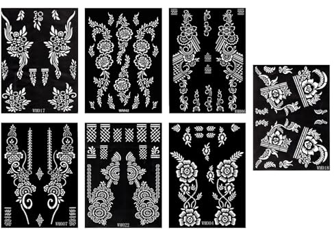 7Sheets Henna Stencils,Tattoo Stencil,Arm Hand Tattoo,Reusable Tatto-o Stencils,Indian Arabic Style Self-Adhesive Tattoos,DIY Arm and Leg Tatto-o Stickers