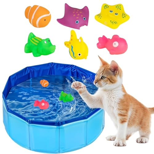 CUVZORA Katzen Pool, Katzenpool mit 6 Spielzeug, Katzenpool und Hundepool faltbar, Kleine Planschbecke, Haustier Badewanne Spiel Pool, Wasserspielzeug Minipool für Sommer(50 x 10cm)