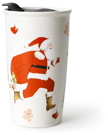 ANTIS'S HOME Festive Christmas Ceramic Mug with Lid – 300ml Double Wall Coffee Cup for Holiday Drinks | Reusable Tea Travel Mug for Office, Home & Christmas Celebrations – Jingle & Joy