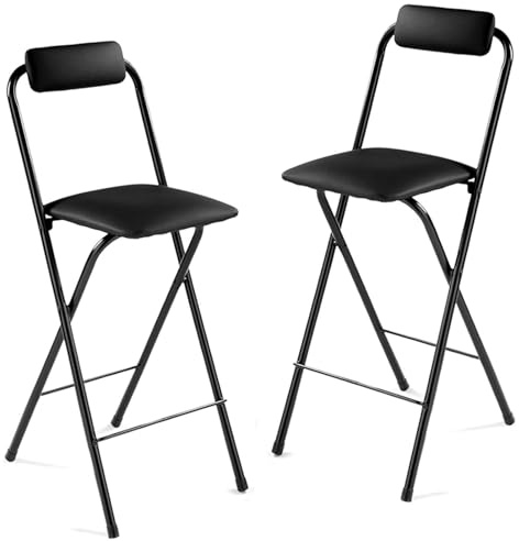 Sgabello pieghevole con schienale, sedia da bar portatile da 71,1 cm, seduta imbottita per ufficio e tavolo per chitarra, confezione da 2, colore nero, per adulti, design pieghevole salvaspazio