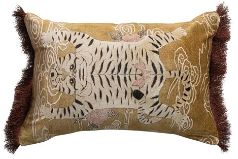 Creative Co-Op Tibetan Tiger Print Fringe Cotton Velvet Lumbar Pillow, Multicolor Finish