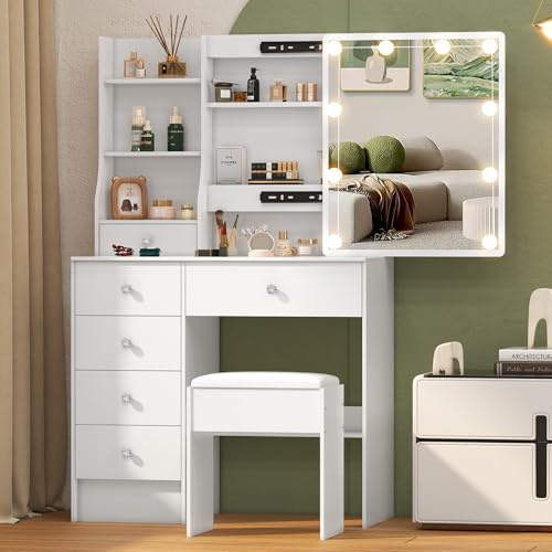 Teousev Schminktisch mit Schiebetürspiegel und Hocker, Stabiler Frisiertisch mit dimmbarer Beleuchtung, 6 Schubladen und 6 Regalen, 36×80×131 cm, Weiß, J90139