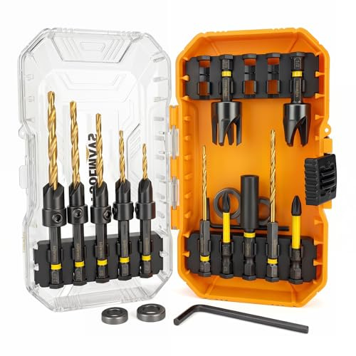 TOOLMAYS Juego de brocas avellanadas, 15 brocas HSS para carpintería con vástago hexagonal de 1/4 pulgadas, incluye 2 cortadores de enchufe de madera, puntas de destornillador y eje de broca de