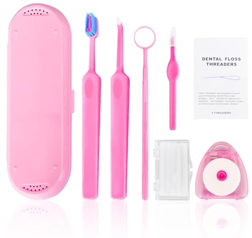 7-in-1 Orthodontic Oral Care Kit with Case – Toothbrush, End Tuft Toothbrush, Dental Mirror, Interdental Brush, Dental Floss and Threaders, Dental Wax, Portable Hygiene Set for Braces Daily Use (Pink)