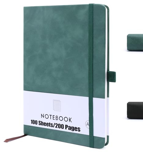 ZWQLZG A5 Notebook, Journal Notebook A5, PU Leather Notepad 200 Pages 80 GSM, Journal Notepad with Lined Pages, Pen Loop, and Elastic Closure, Green Note Book for Business Work Meetings