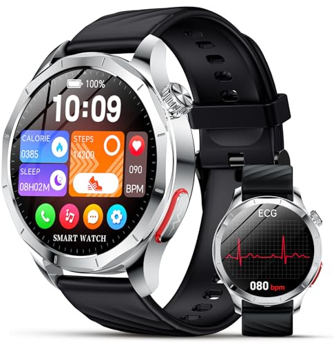 ECG Smartwatch avec HRV/Pressιon artérιelle/𝐆𝐥𝐲𝐜é𝐦𝐢𝐞/ Acide Urique/IMC, 1,43 AMOLED Montre Connectée Homme avec Fréquence Cardiaque/Sommeil/SpO2/Apnée,Fonction SOS, IP68 pour Android iOS