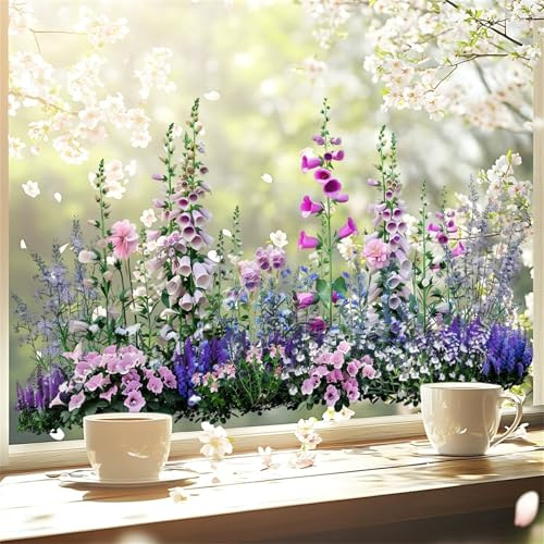Frühling Blumen Fensteraufkleber, Selbstklebend Blumen Motiv Fensterbilder, Statische Fenstersticker für Fenster, Doppelseitig Frühling Fensterbilder Fensterdeko (A)