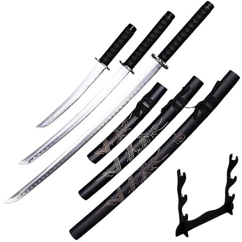 Samurai Katana Set, 3-teiliges Schwert Set mit Zinklegierung Griff, 1095 Stahl Klingen (52/75/100 cm), Kampfkunst Training & Sammlung, Ungeschliffen (Schwarzer Drache)