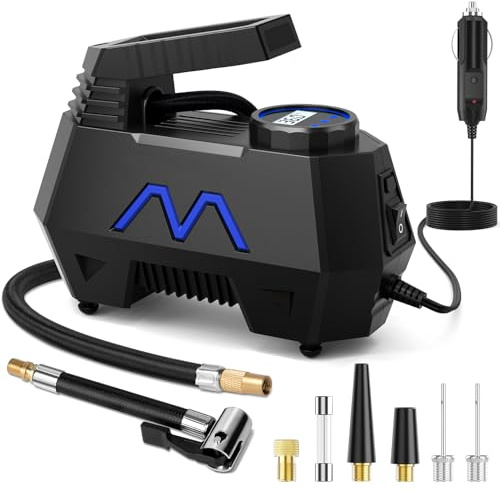 Motorenbau Tyre Inflator Air Compressor 12V DC Fast Inflation | 150PSI Auto-Stop Tyre Air Pump with Digital Pressure Gauge & LED Light, 4 Valve Adaptors for Cars, Bikes, Balls, Inflatables