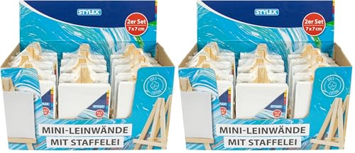 Stylex 28672-P12 - Mini Leinwand mit Staffelei, 24 Stück mit 100% Baumwollgewebe bespannt, Größe 7 x 7 cm, grundiert, rückseitig geheftet, für Öl-, Acryl-, Gouache- und Temperafarben (Packung mit 2)