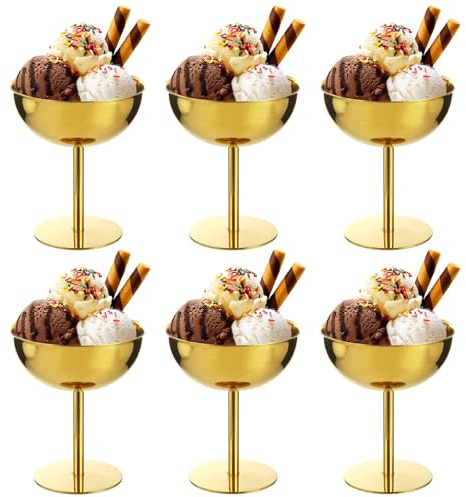 APACALI 6 stycken glassbägare rostfritt stål, 9,5 cm rostfritt stål dessertskål med fot, Ice Cream Sundae dessertglas för frukt sallad, yoghurt och fruktpudding, för bröllop, fester, guld