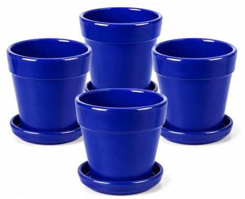 Maceta cerámica azul con plato Pack de 4, macetero esmaltado para plantas de interior y exterior, tiesto decorativo para flores, cactus y suculentas, ideal para balcón, terraza, cocina y hogar