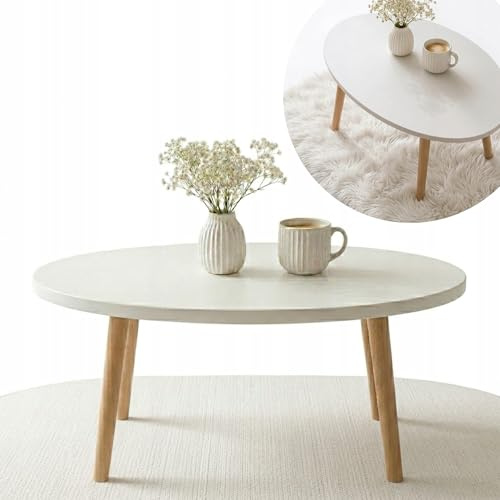 P&P Furniture - Mesa de centro ovalada de madera escandinava, 70 x 50 cm, color blanco, pequeña, mesa de salón, sofá, mesa blanca, madera, moderna