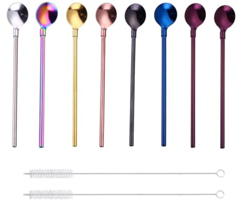 MALUGOGO Juego de 10 Cucharas de Paja Reutilizables de Acero Inoxidable con Cepillo de Limpieza Multifunción para Bebidas y Smoothies