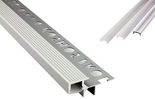T-40 LED Alu Fliesenprofil Treppenprofil Stufen 10mm silber + Abdeckung 2m milky