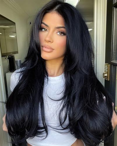 Joedir 13x4 Lace Frontal Perücken für schwarze Frauen lange gerade frei Teilung Seide Basis Lace Front Perücken mit Baby Haar 28 Zoll geschichteten synthetischen Perücken für Frauen (Jet Black)