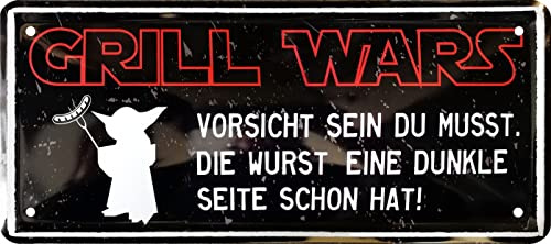 WOGEKA ART Retro Blechschild - Grill Wars - Vorsicht wenn sie eine dunkle Seite hat - witziger Spruch Geschenk-Idee Geburtstag Weihnachten Deko 28x12 cm Vintage-Design Metall 1579