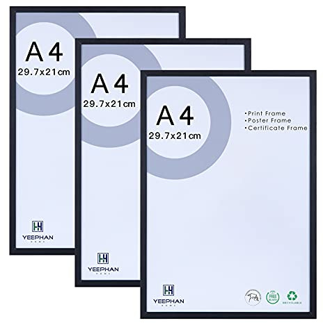 YEEPHAN A4 Schwarzer Fotorahmen 21 x 30cm Zertifikatsrahmen mit kunststoffglas front Holzbilderrahmen für A4 Druck, Poster, Gemälde, freistehend und wandmontierbar, 3er Set