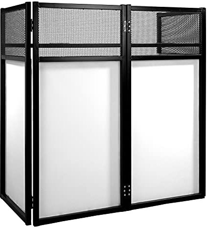 BoomToneDJ DJ Desk White. Stand DJ pliable avec tablette métal et housses extensibles blanches. Montage rapide sans outil. Design sobre et pro pour prestations mobiles, clubs, mariages ou événements