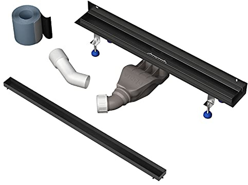 Aquabad Edelstahl Duschrinne mit Wandaufkantung - Slim Wall Schwarz Matt, Länge 90 cm, Komplett Set inkl. Abdeckung Befliesbare Mulde, Siphon und Haarsieb