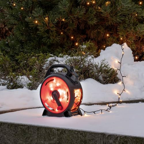 Konstsmide Micro LED Lichterkette mit Kabelaufroller, schwarz-rot, 400 bernsteinfarbene Dioden, 30V Außentrafo, 6W, schwarzes Soft-Kabel - 3834-807